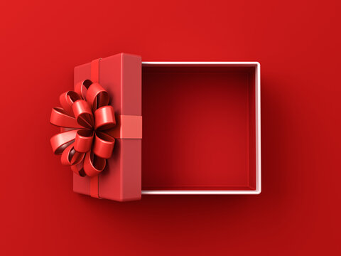 Top view of blank red gift box open or opened red present box with white edge and red ribbon bow isolated on dark red background with shadow minimal conceptual 3D rendering