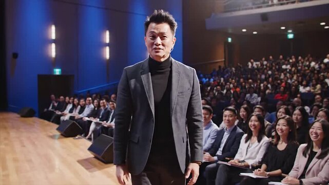 Dynamic Speaker Engaging Audience in Large Auditorium Presentation.