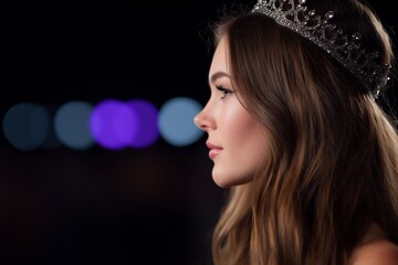 Stunning portrait of a beauty queen wearing a large sparkling crown against a dark, abstract bokeh background with copy space.