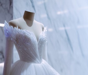 Luxurious, sparkling bridal or evening dress with a dramatic skirt. Concept of celebration, femininity, and fantasy.