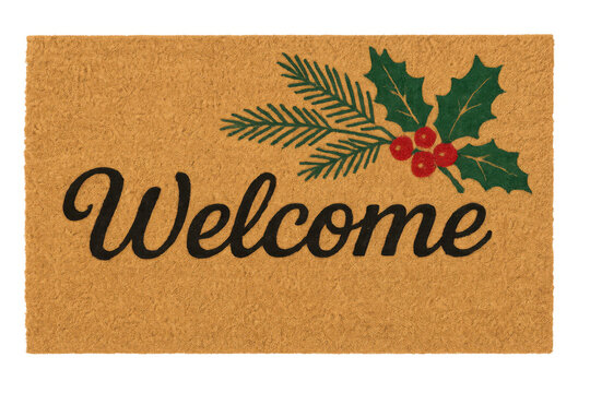 Welcome doormat for christmas and winter holidays with holly berries and pine needles decoration