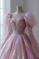 Close-up of a dramatic pink ball gown with iridescent puff sleeves, glitter, and layered ruffles. Concept of fantasy and fairytale.