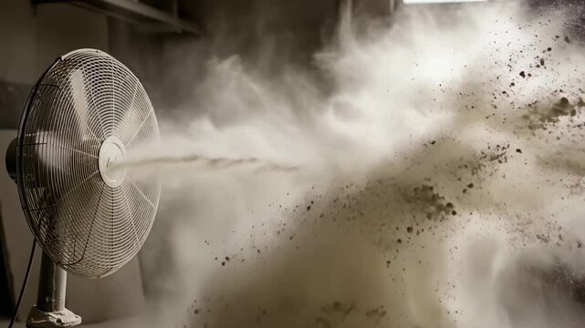 Fan blowing dust and debris in an industrial setting.
