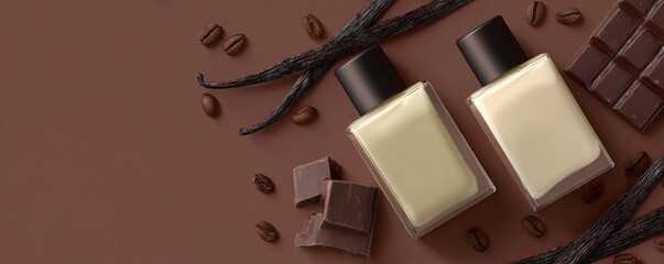 Luxurious product still life with warm brown tones, emphasizing an exotic, spicy, or sweet cologne concept.