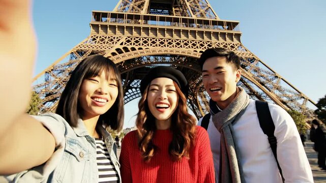 Un groupe d&rsquo;amis multinational prend un selfie devant une tour c&eacute;l&egrave;bre de Paris