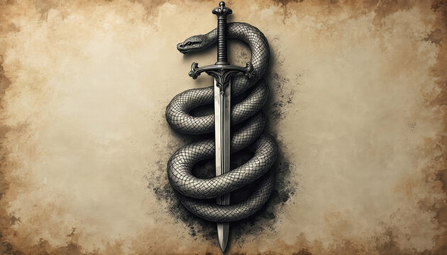 Coiled snake wraps around metal sword. Reptile protects the weapon. Epic artistic composition of serpent, blade on wall with grunge vintage texture. Danger abstract symbol, fantasy style illustration.