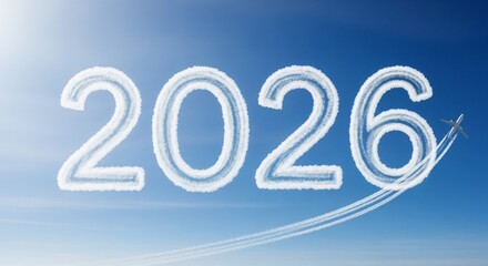 2026 card, plane flies with white trail across white clouds numbers in blue sky. Greetings, banner for aviation industry, stewardesses and pilots. New Year for travel agency, congrats for travelers