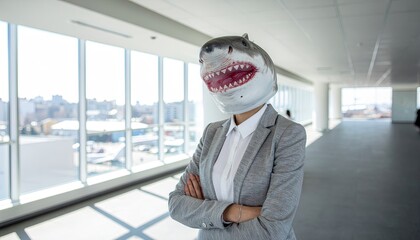 Shark wearing a business suit in a corporate office