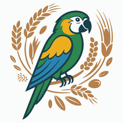 Vibrant green blue and yellow macaw parrot perched amidst wheat stalks and grains
