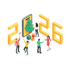 Isometric vector smartphone with a Christmas tree on the screen and the numbers 2026 with celebrating people and gifts, in color on a white background, New Year 2026 or a worldwide holiday