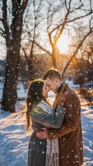 Couple embracing in the winter seasonal landscape - cold weather love