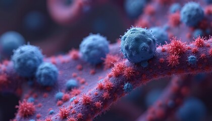 Microscopic view of blue and red virus cells on purple cellular structure. Pathogens infecting tissue. Biomedical research, contagion or pandemic concept.