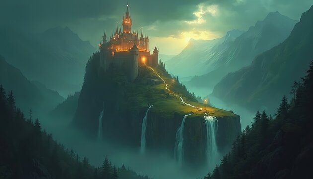 Fantastic medieval castle sits on the top of green mountain. Waterfalls flow down from rock. Epic scene in foggy weather. Fairytale digital art, concept for card game or book illustration.
