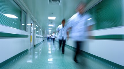 Healthcare professionals urgently moving in hospital corridor