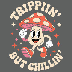 Retro cartoon mushroom character with big eyes and a wide smile dancing joyfully