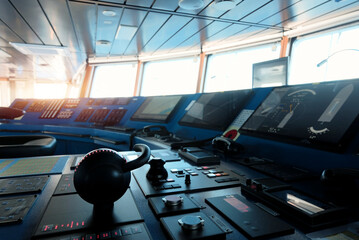 Modern New-Built Ship Bridge Wheelhouse Control Console with Navigation Equipment and Screens © I am from Mykolayiv