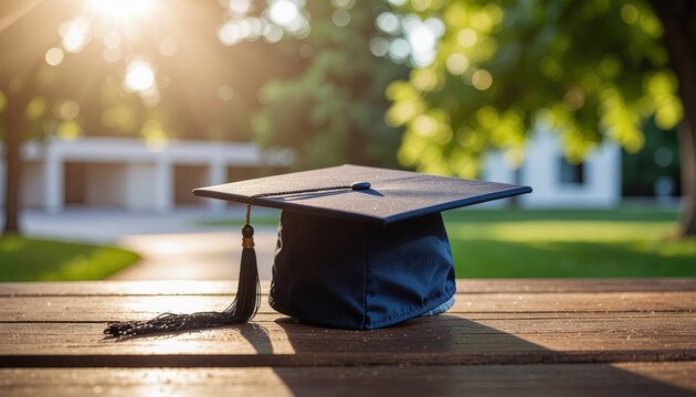 Graduation concept featuring graduation cap for academic achievement and successful excellence in education endeavors. Diploma and degree commencement ceremony for class of 2026