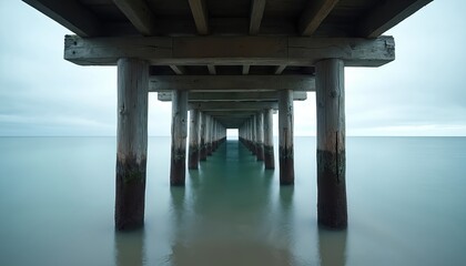 Wooden pier stretches over calm sea water. Weathered wooden pillars stand in ocean. Cloudy sky above. Pier structure extends into distance. Water reflects pier columns. Seaside escape serene