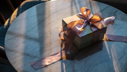 elegantly wrapped boxed present gift wrapped with bow on marble tabletop