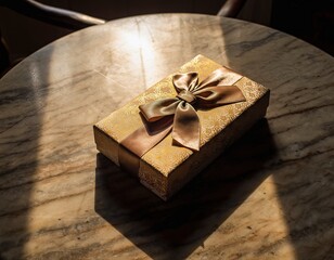elegantly wrapped boxed present gift wrapped with bow on marble tabletop