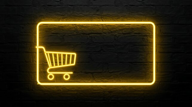 Bright yellow neon shopping cart icon inside a rectangular frame on brick wall - Powered by Adobe