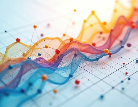 Abstract colorful wavy lines and dots visualize data on grid. Shows upward financial trend, business growth, economic charts, market progress. Info graphics for analytics.