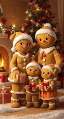 Fototapeta premium Cute modern 3D animation style adorable gingerbread family in a winter seasonal christmas holiday setting.