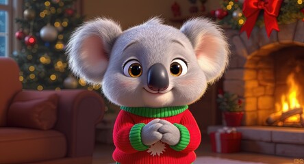 Cute modern 3D animation style adorable koala in a winter seasonal christmas holiday setting.