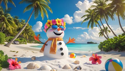 video of Cartoon snowman standing on a tropical beach with a sunny seaside background.