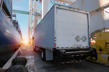Rear View of Box Trailer Truck Parked Dockside next to Cargo Vessel