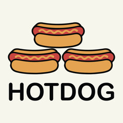 Three delicious hot dogs stacked together with the word hotdog below