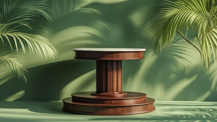 Wooden exhibition podium for cosmetics, set against a green backdrop with palm leaf shadows, blank display mockup