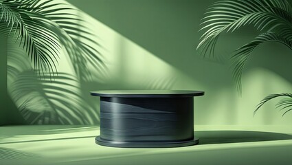 Wooden exhibition podium for cosmetics, set against a green backdrop with palm leaf shadows, blank display mockup