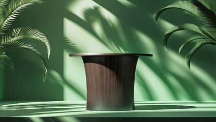 Wooden exhibition podium for cosmetics, set against a green backdrop with palm leaf shadows, blank display mockup