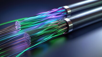 Fiber optic cable technology showcasing high-speed internet and data transmission, featuring multi-fiber wires with colorful jackets and glowing blue neon lines symbolizing modern telecommunication ne