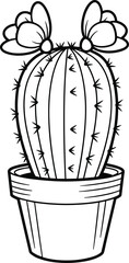 Black and white cactus line drawing in flower pot, botanical illustration artwork, desert plant sketch, vector design, detailed CAD flat artwork