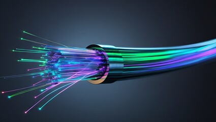 Fiber optic cable technology showcasing high-speed internet and data transmission, featuring multi-fiber wires with colorful jackets and glowing blue neon lines symbolizing modern telecommunication ne