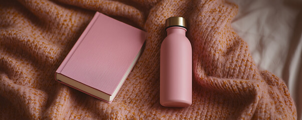 A pink book and reusable water bottle on a soft knitted blanket