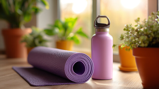 Rolled purple yoga mat and reusable water bottle on a floor by a sunny window