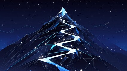 A low-poly wireframe illustration depicting a mountain path toward success, formed with interconnected lines, dots, and triangles against a dark blue background, symbolizing the journey of business gr