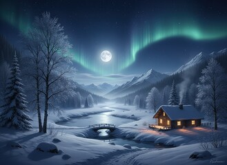 Winter solstice over snowy winter landscape at night with northern lights in sky