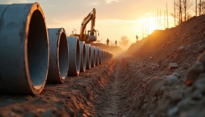 Large concrete pipes laid in trench at sunset on construction site. Excavator works on civil engineering infrastructure with workers silhouettes. Pipes for water drainage sewage construction project.