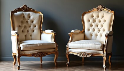 Two ornate vintage chairs with gold trim, tufted upholstery stand in room. Elegant chairs feature classic design elements, luxurious white padding. Offer touch of historical sophistication, refine
