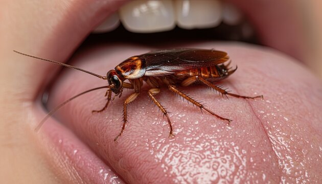 A person's mouth is open and their tongue is out. A cockroach is standing on their tongue - flavor and acquired taste concept for taste buds and oral fixations