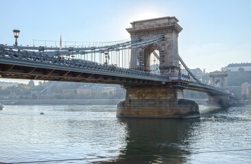 Obraz premium View of Széchenyi Chain Bridge from Antall József embankment, Budapest, Hungary.