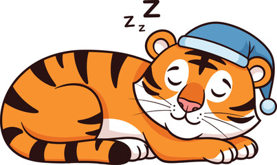 Cute sleeping tiger cartoon with nightcap, peaceful animal mascot illustration, bedtime rest concept, cozy vector drawing, flat CAD artwork