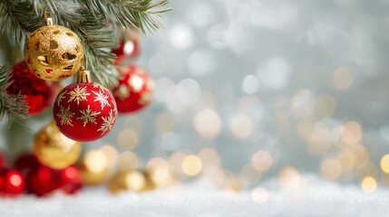 Red and gold Christmas baubles on a fir branch with festive bokeh lights and copy space