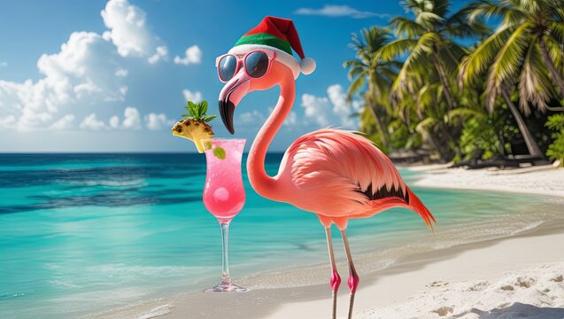 Cartoon flamingo wearing sunglasses and a Christmas hat, sipping a pink cocktail on a tropical beach, representing holiday, vacation, and summer drink vibes.