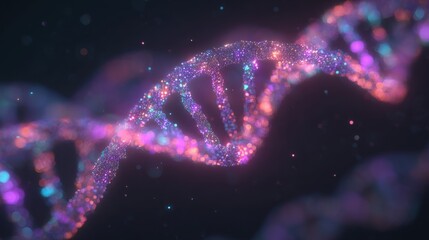 The scene depicts a vibrant, stylized representation of a DNA double helix, illuminated in bright colors. The intricate strands sparkle against a dark backdrop, creating a stunning visual effect.