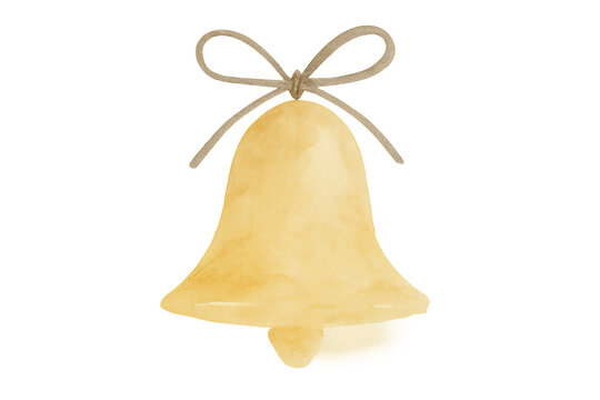 Golden christmas bell watercolor with rope bow for holiday decoration and festive season design elements